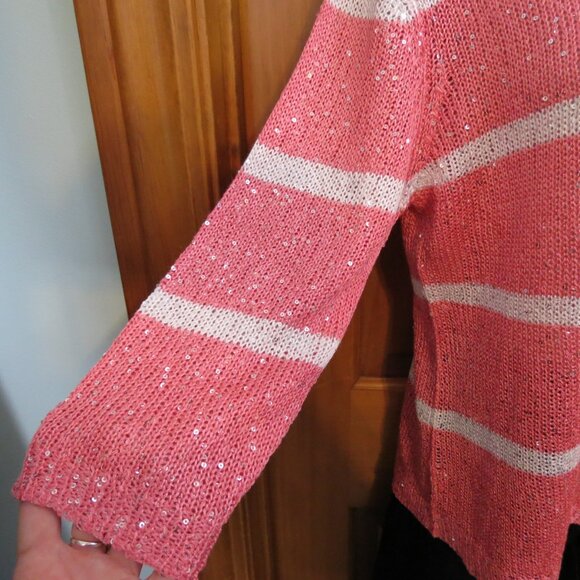 Avalin Coral & Ivory Striped Sweater Long Sleeve Sequins Scoop Neck Size Large - Picture 4 of 10